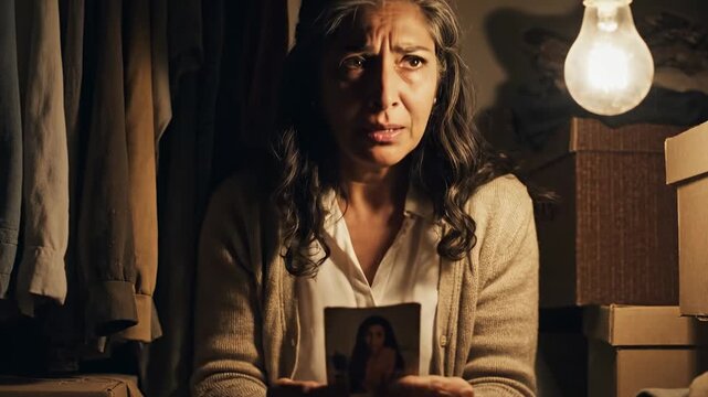 Woman in a dark room looking at a photograph with sadness.