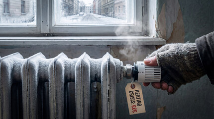 European energy crisis conceptsGloomy cold room with hand glove turning radiator thermostat reflects heating European energy crisis causing worry about freezing winter season costs for poor homes