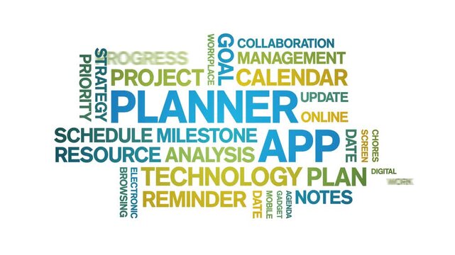 Planner App animated word cloud-text design animation tag kinetic typography seamless loop.