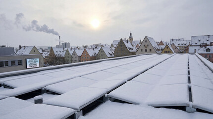 European energy crisis conceptsSolar panels covered with thick white snow on roof during cold winter day symbolizing difficult european energy crisis with smoking chimney in blurred background