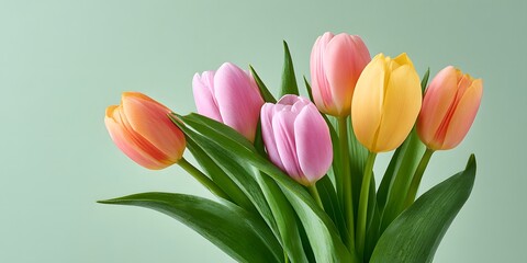 Fototapeta premium Colorful tulips bloom in shades of pink, orange, and yellow with green leaves
