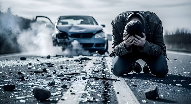 Car Accident Trauma: Desperate man kneeling on asphalt road near wrecked smoking vehicle, automotive collision impact, insurance claim and road safety emergency concept