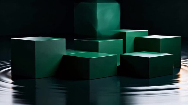 Green cubes floating on dark liquid surface with reflections