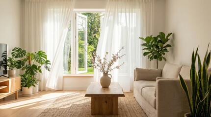 Open window with white curtains blowing in fresh spring air. Sunlight filling clean living room. Indoor plants, minimal modern interior, sense of freshness. © Alexandra