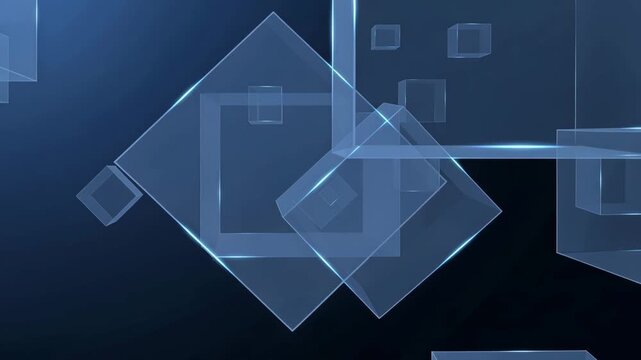 Transparent cubes move through a dark blue field to form a sophisticated motion background for technical applications.