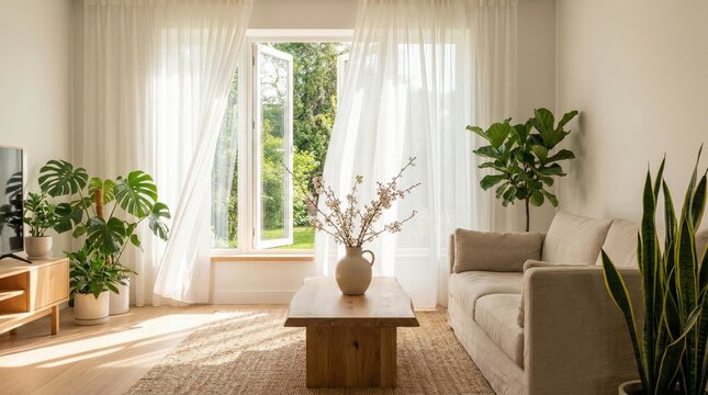 Open window with white curtains blowing in fresh spring air. Sunlight filling clean living room. Indoor plants, minimal modern interior, sense of freshness.