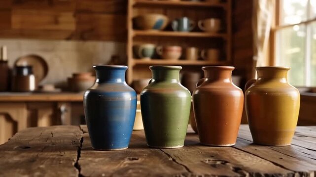 Colorful ceramic jugs on wooden table.