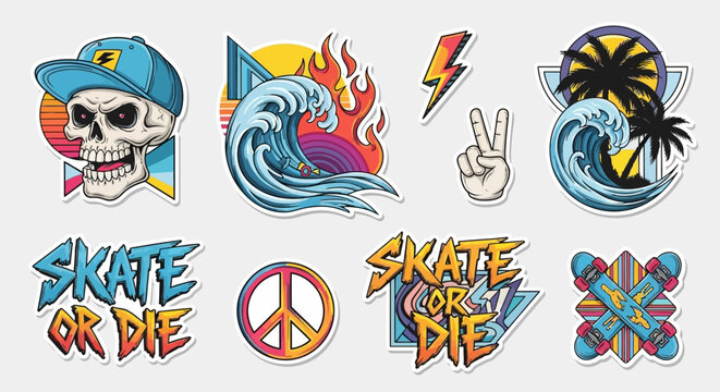 A collection of vibrant retro-style stickers featuring skulls, ocean waves, skateboards, peace signs, and "Skate or Die" text, embodying a cool counter-culture vibe.