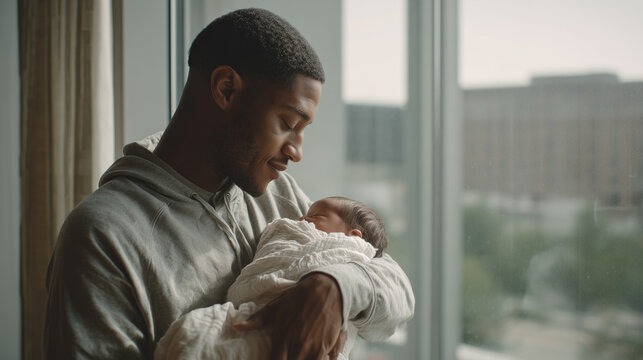new father holding newborn baby, peaceful fatherhood moment with sleeping infant, side view of dad cuddling swaddled baby