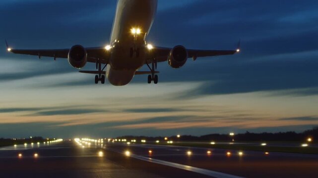 Cinematic video of a commercial airplane taking off at golden hour, smooth side tracking shot with visible engine heat haze and warm sunset sky over the runway.