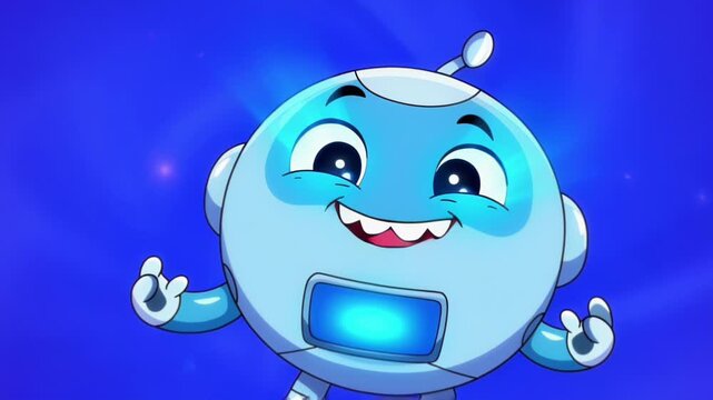 Playful blue cartoon robot character with a friendly expression waving in a vibrant digital illustration.