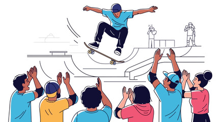 Fototapeta premium An illustration of a skateboarder performing an aerial trick in a skatepark, cheered on by an enthusiastic crowd.