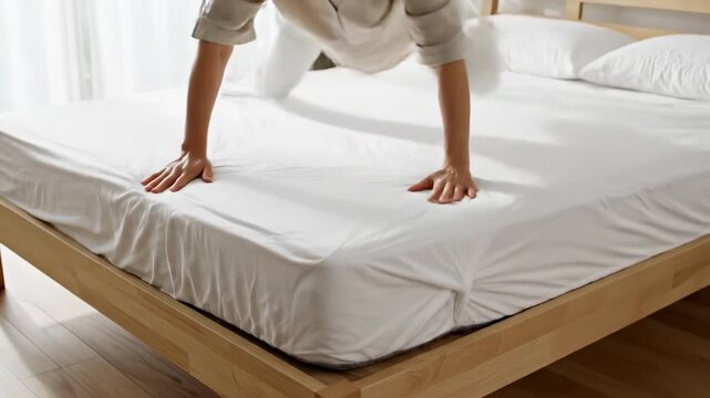 Woman Making Bed in Bedroom with White Sheets and Pillows.