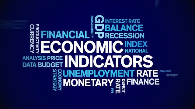 Economic indicators animated word cloud-text design animation tag kinetic typography seamless loop.