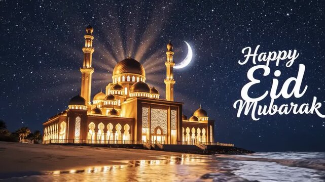 Beautiful mosque on beach at night with happy eid mubarak text