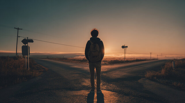 teenager standing at a forked road at sunrise, young traveler with backpack choosing path, metaphorical journey of decision making at dawn