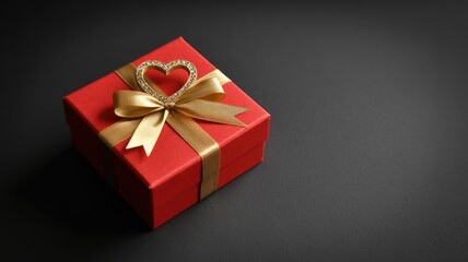 Obraz premium Beautifully wrapped red gift box with gold ribbon and heart shaped decoration