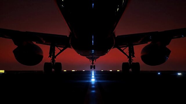 Low Angle View of Passenger Plane Lifting Off Runway Lights at Crimson Twilight
