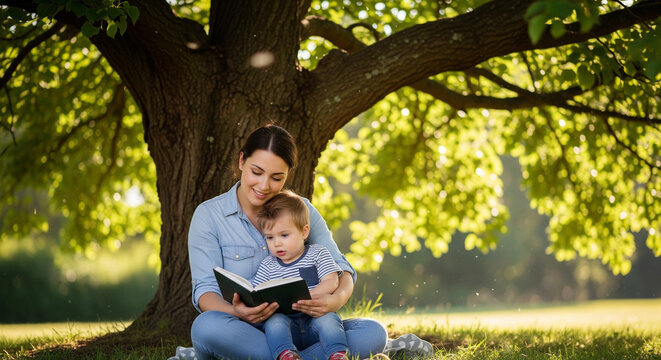 A mother and child sitting under a tree reading