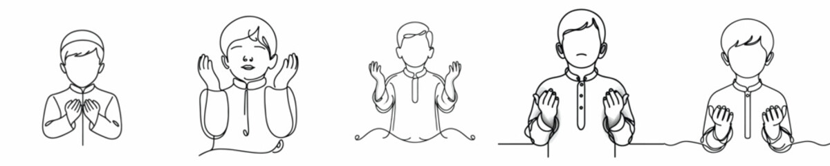 Obraz premium line art of a Muslim little boy praying with a gesture of raising both hands