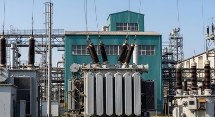 Industrial electrical power substation with large transformers and equipment