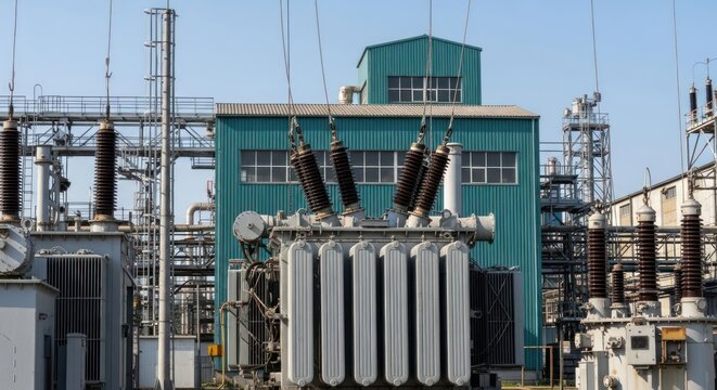 Industrial electrical power substation with large transformers and equipment