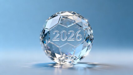 Naklejka premium Crystal transparent football with engraved 2026 inside. Elegant luxury concept symbolizing prestige of the global football tournament.
