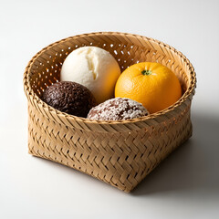 Woven Basket with Fresh Fruits and Mushrooms.