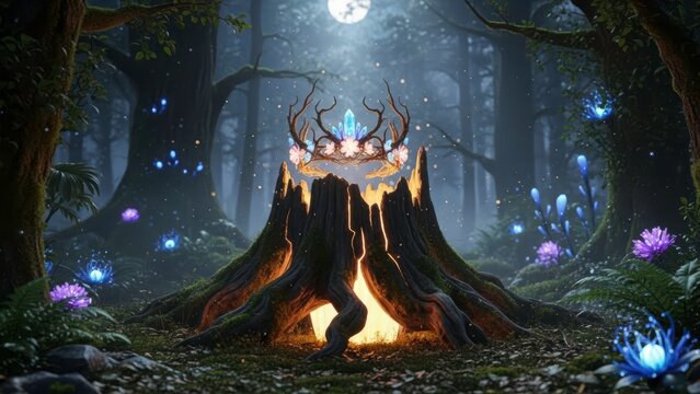 Mystical Realm of the Crown: An ethereal scene unveils a magnificent crown nestled upon a tree stump, with the mystic moon casting its enchanting glow through the magical forest.