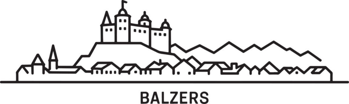 Balzers liechtenstein thin line cityscape outline drawing castle mountain travel panorama vector