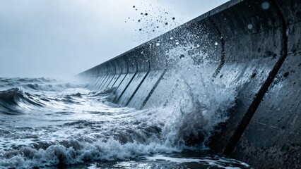 Powerful Ocean Waves Crashing Against Concrete Sea Wall Breakwater During Stormy Weather with Dramatic Water Splashes and Moody Blue Atmosphere at the Coastal Shoreline