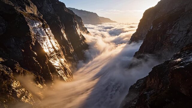 Mountain canyon with clouds and sun light on rock walls