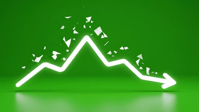 Glowing white arrow with broken pieces on green background showing growth or increase