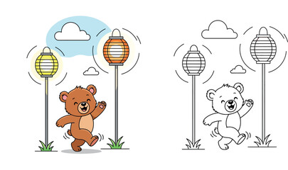 Obraz premium Cute cartoon bear walking happily between glowing lanterns vector illustration adorable brown teddy character