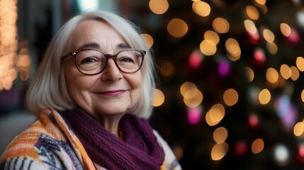 Elderly smiling woman wearing eyeglasses smiles warmly in a Christmas-themed studio, surrounded by dramatic lighting and soft bokeh lights, creating a cozy holiday atmosphere