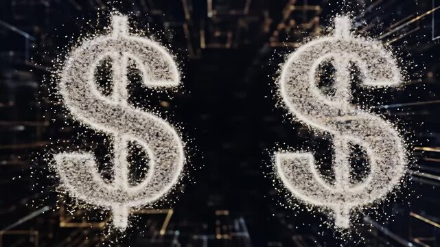 Dollar signs composed of shimmering particles against a dark, techy background