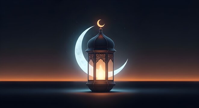 Hanging ornate arabic lanterns glow with a crescent moon in a dark, bokeh-filled sky. Muslim holy month Ramadan Kareem concept. Eid al-Fitr