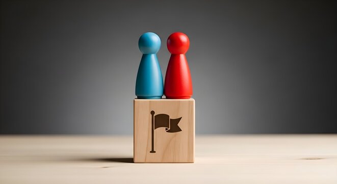 Leadership Competition Goal: Blue and red figures on wooden block with flag icon, team victory and achievement, business rivalry and success, target and winning concept