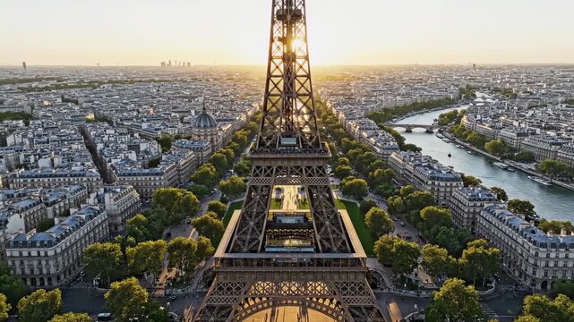 Aerial view of the Eiffel Tower in Paris at sunset.