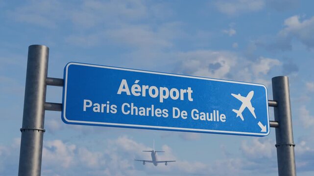 Blue Road Sign for Paris Charles De Gaulle Airport with Airplane Flying Overhead