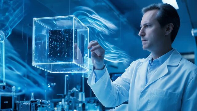 Scientist in lab coat examining holographic glowing cube with swirling energy patterns in futuristic laboratory environment.