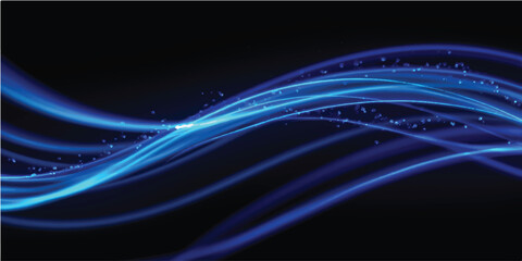 A futuristic blue wave illustration featuring flowing lines and a glow of purple energy creates a motion-filled fractal pattern on a dark wallpaper backdrop © TANZUM AKTER