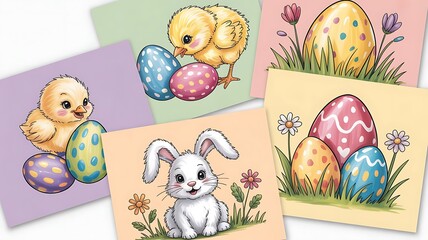 Obraz premium Easter bunny and chicks with colorful eggs in spring flowers