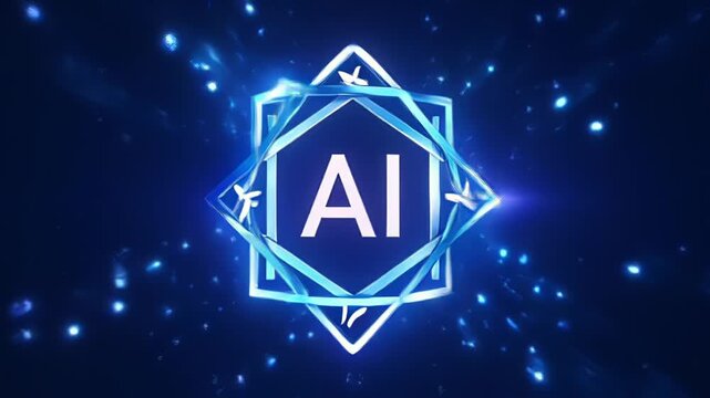 Futuristic AI concept with glowing blue geometric emblem and digital particles in a neon space.