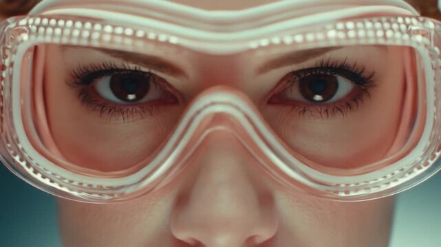 Woman wearing futuristic goggles with pink lenses looks directly at the camera with intense gaze.
