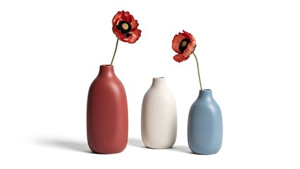 Colorful Vases with Poppies on White Background.