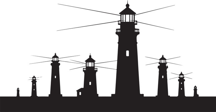 Silhouette of multiple lighthouses on a white background illustration