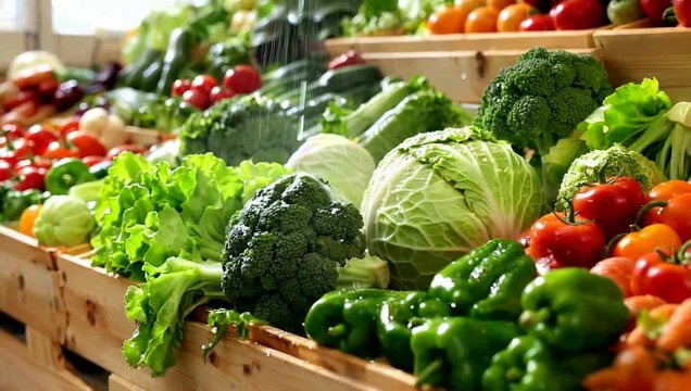 Close-up shot of fresh vegetables including lettuce, broccoli, cabbage, and bell peppers arranged in wooden crates with natural light.
