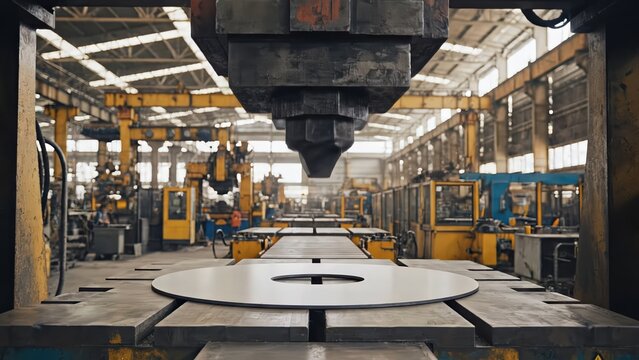 Industrial metalworking process showing a hydraulic press shaping a flat metal disc into a conical form inside a large manufacturing facility