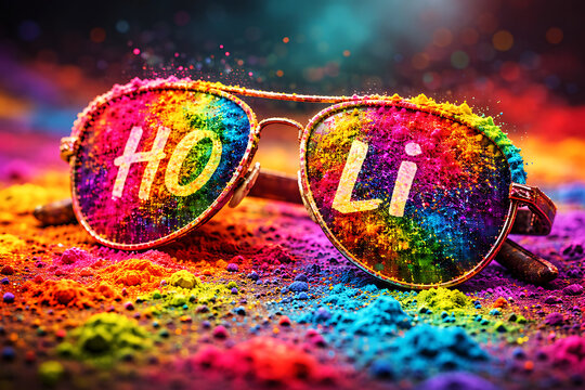 Stylish sunglasses placed on heaps of color powder with text for the annual holi party reflecting the traditional spirit of holika dhan and rang panchami